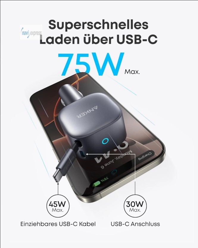 Anker Nano KFZ PKW Ladegerät Autoladegerät 75W, USB-C Port, Integriertes einziehbares USB-C Kabel - Image 6