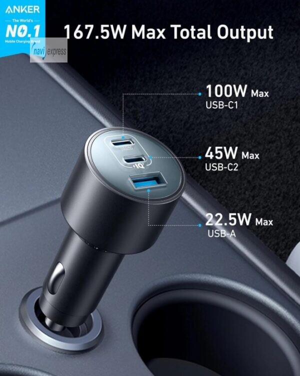 Anker KFZ PKW Ladegerät Handy Tablet Autoladegerät 3-faches Laden 2 USB C & USB-A  (167,5W, 3 Ports) – Bild 5