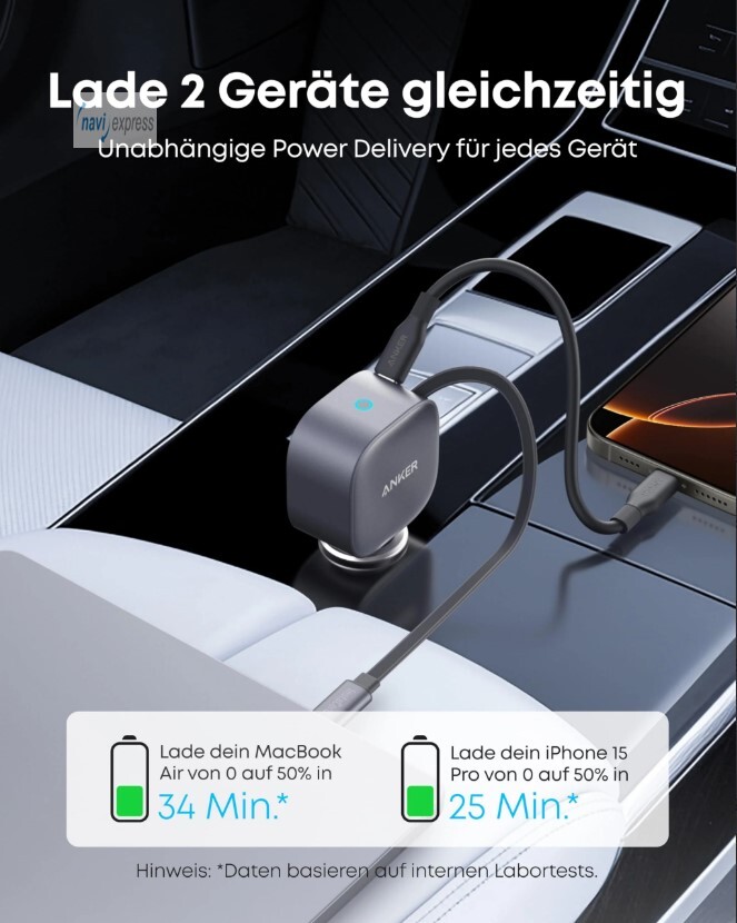 Anker Nano KFZ PKW Ladegerät Autoladegerät 75W, USB-C Port, Integriertes einziehbares USB-C Kabel - Image 7